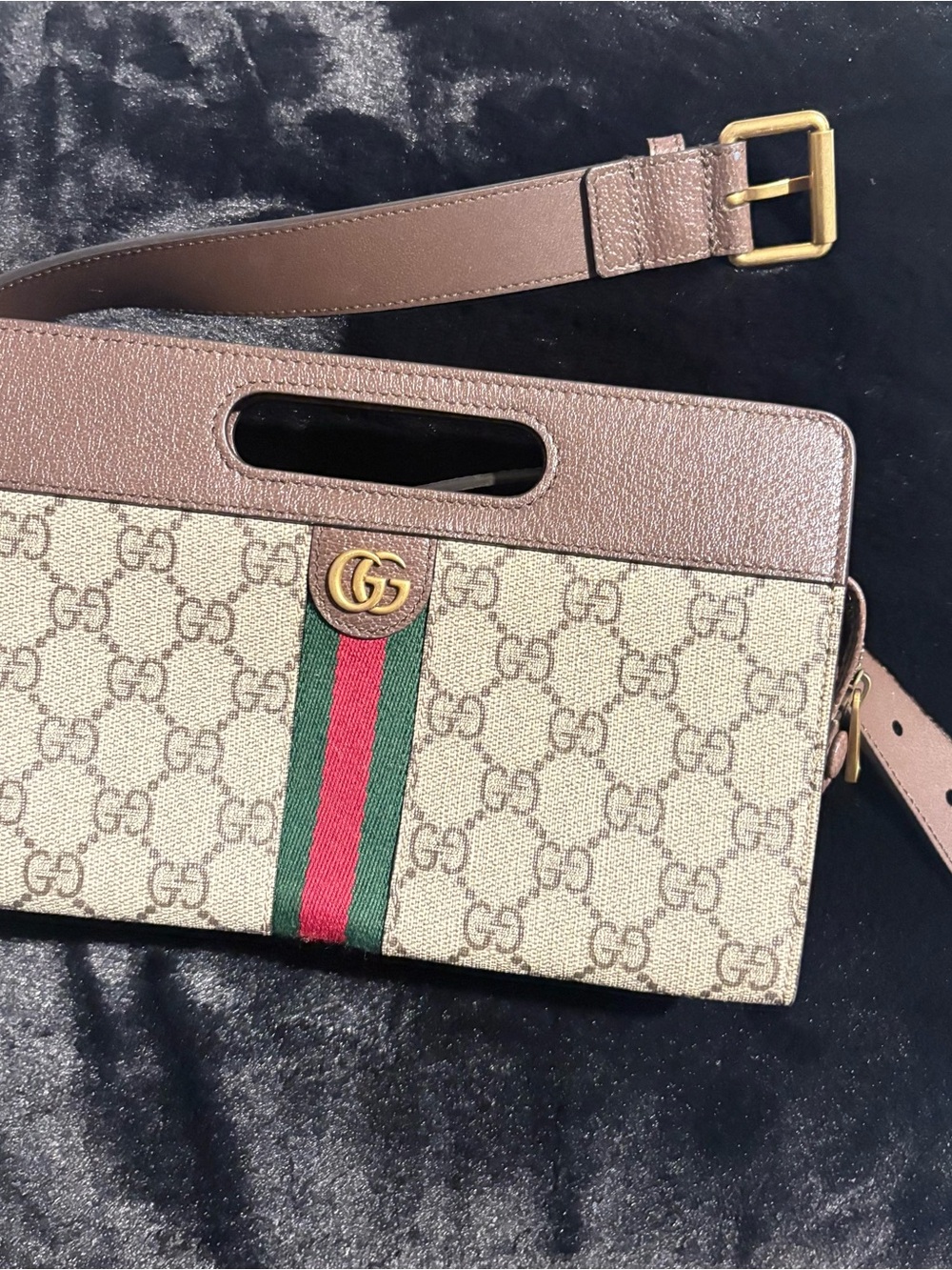 Gucci Beige GG Supreme Crossbody with Brown Trim and Green-Red Web